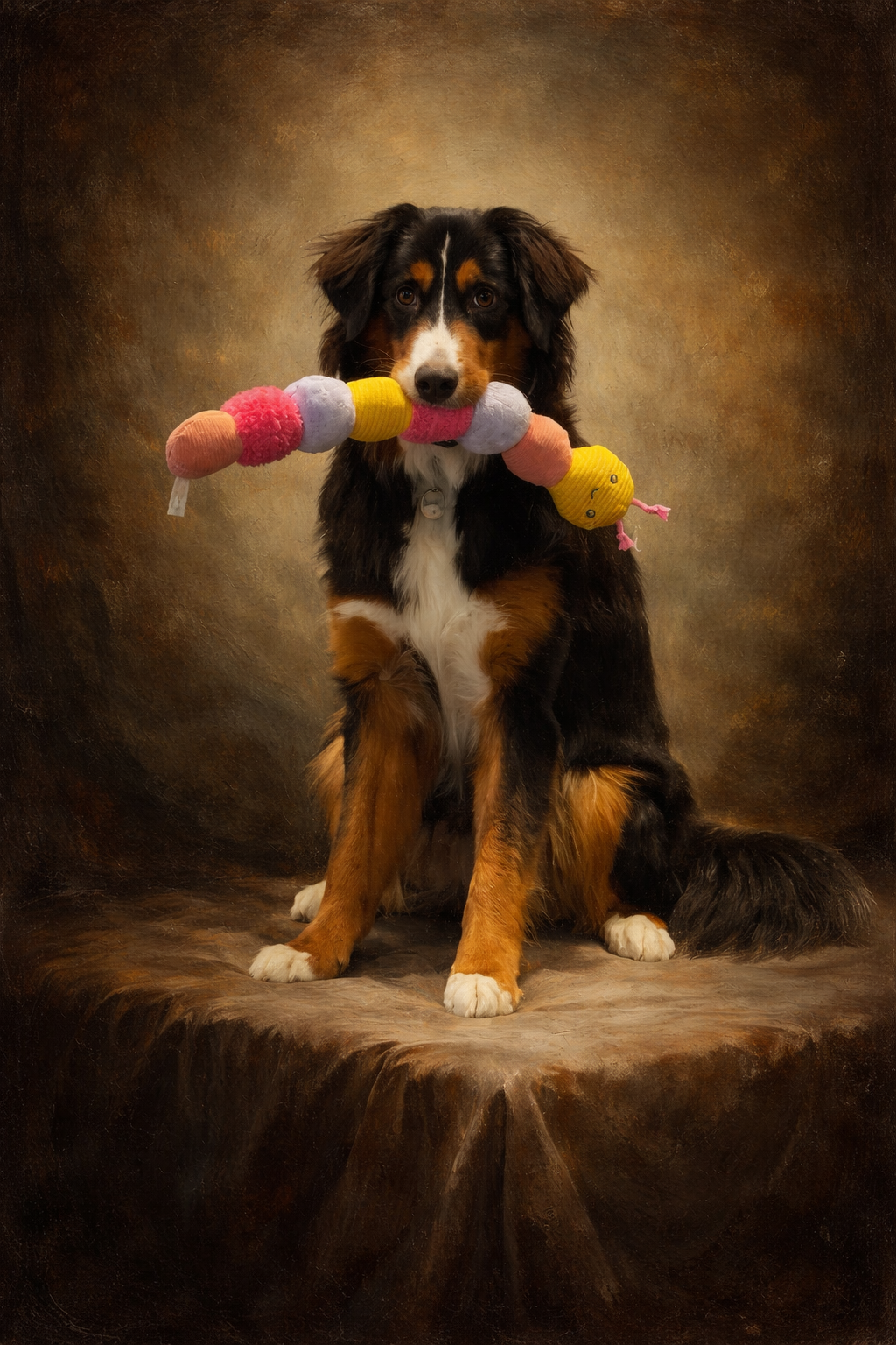 Bailey, the Bernese Mountain Dog who inspired our name, posed in a classical oil-painting style